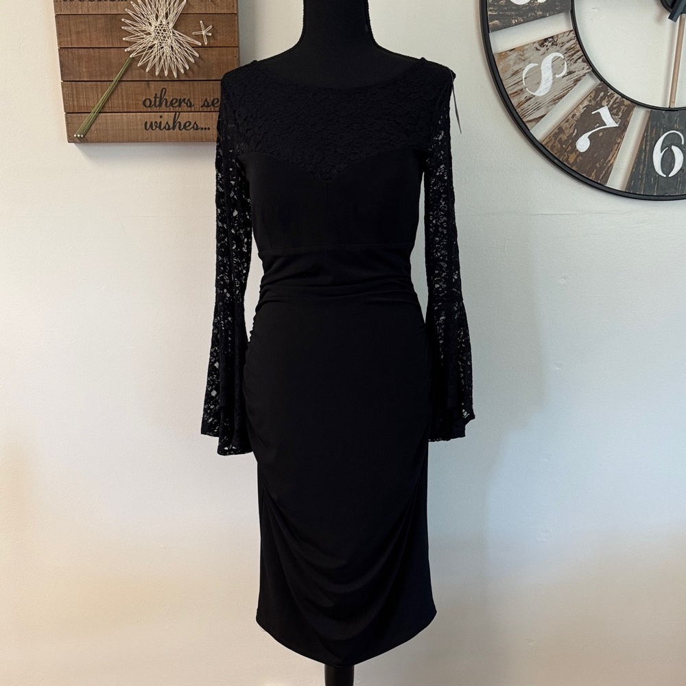 Sz M ladies International Concepts black lace ruched midi dress new with tags